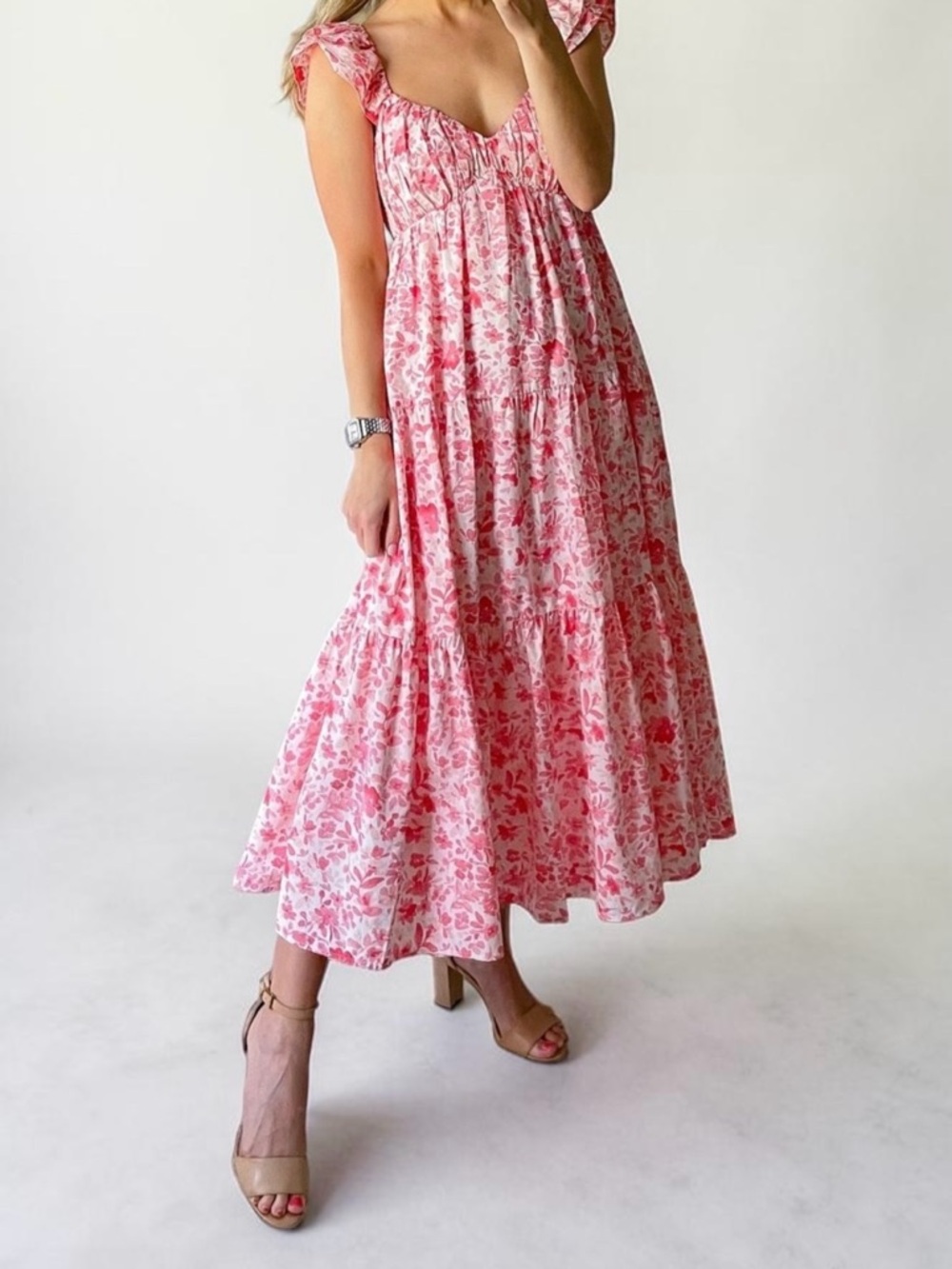 Abercrombie & Fitch Ruched Flutter Sleeve Long Midi/Maxi Dress Pink Floral XS - Picture 7 of 12